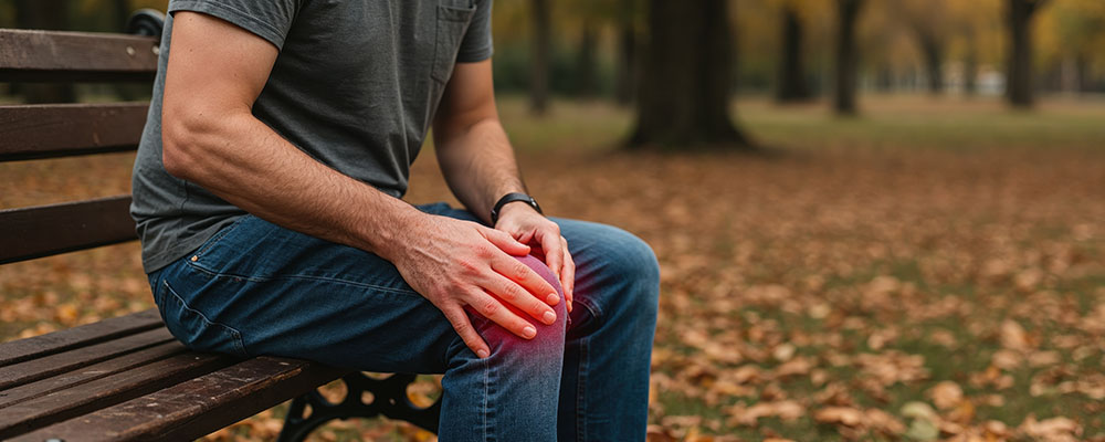 A man sitting on a park bench, holding his knee in pain.