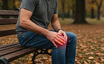A man sitting on a park bench, holding his knee in pain.