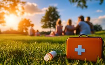 A group of people at a park, with a first aid kit in focus.