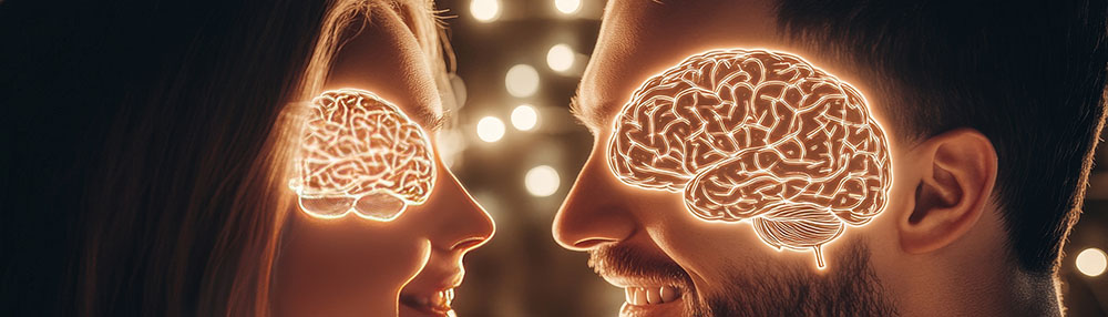 A visualisation of a man and a woman with their brains highlighted.