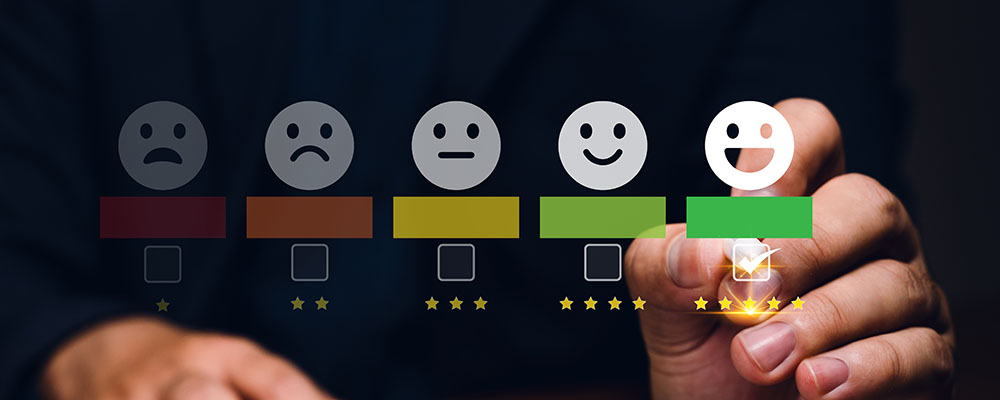 A representation of a person using their mobile device to select an option conveying complete satisfaction.