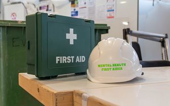 A first aid kit and a hard hat on top of a table.