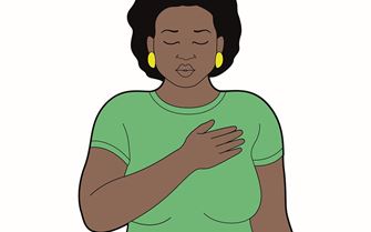 An illustration of a woman with a hand to her chest in pain.