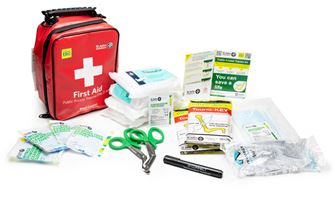 An arrangement of first aid supplies.