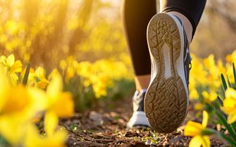 A close-up of a person walking through a field of flowers.