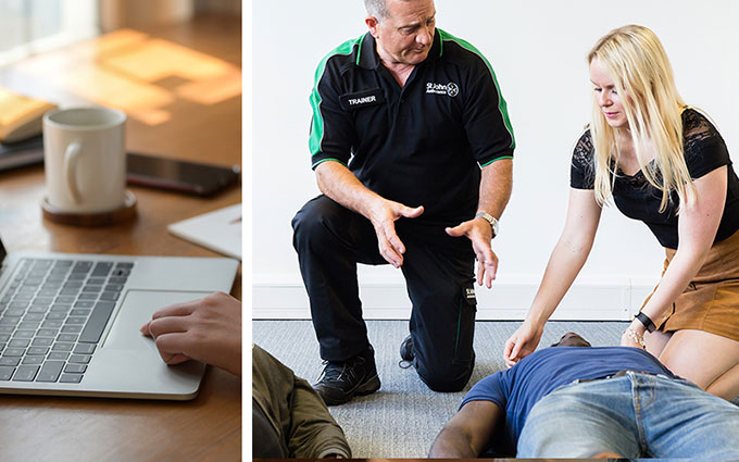 A split image of a person using a laptop, and a student learning first aid skills.
