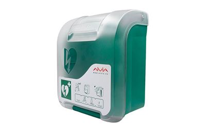 A perspective of the Aivia Basic AED Cabinet.