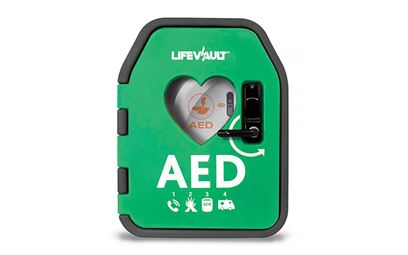 The front of the LifeVault Temperature Controlled AED Cabinet – Unlockable.