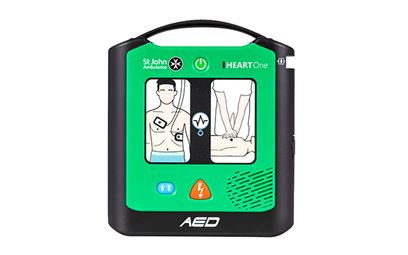 The front of the St John Ambulance HEART One Semi-automatic Defibrillator.