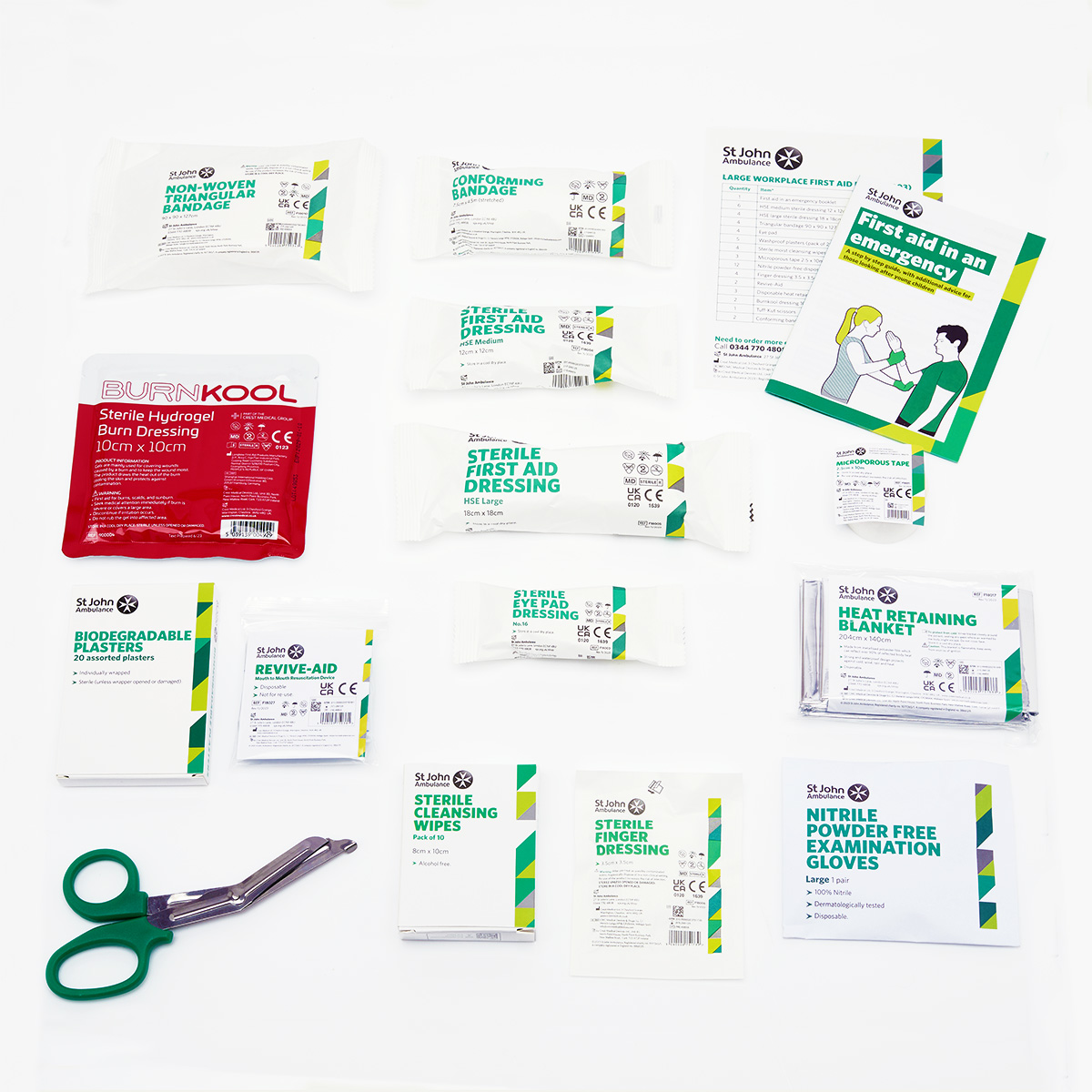 The contents of the St John Ambulance Large Workplace First Aid Kit.