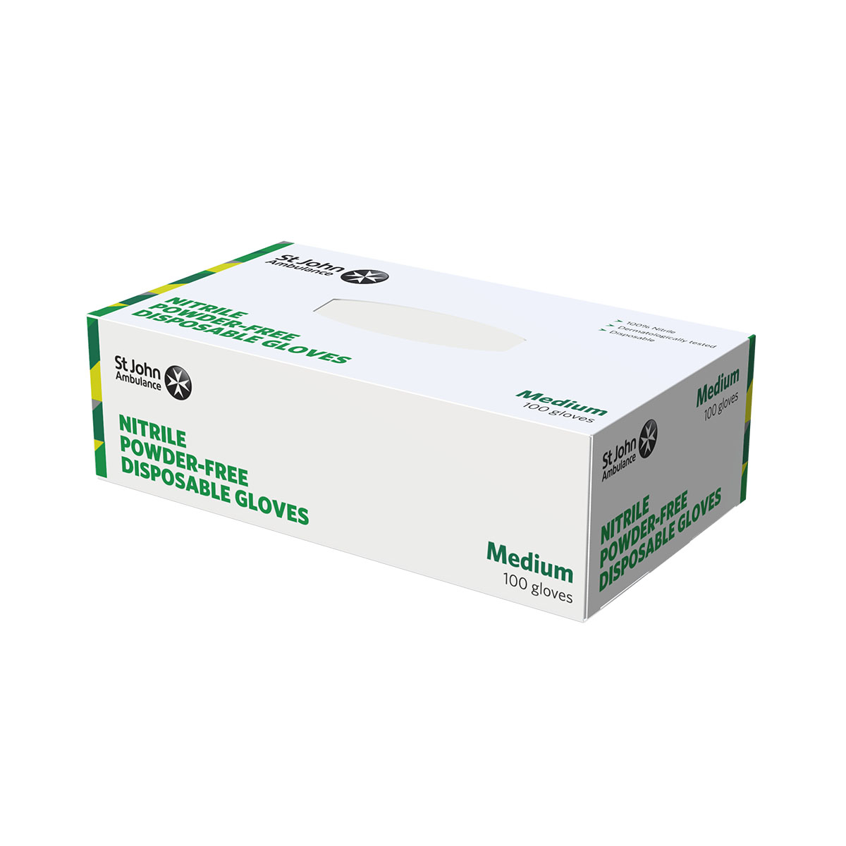 The front of the box of the St John Ambulance Nitrile Powder-free Disposable Gloves - Medium - Pack of 100.