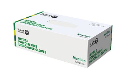 The front of the box of the St John Ambulance Nitrile Powder-free Disposable Gloves - Medium - Pack of 100.
