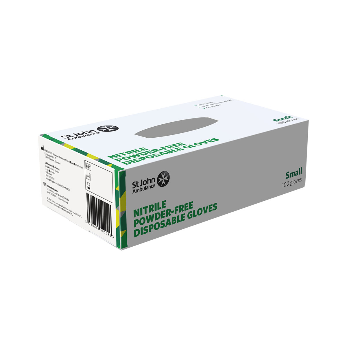 The rear of the box of the St John Ambulance Nitrile Powder-free Disposable Gloves - Small - Pack of 100.