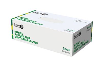 The box of the St John Ambulance Nitrile Powder-free Disposable Gloves - Small - Pack of 100.