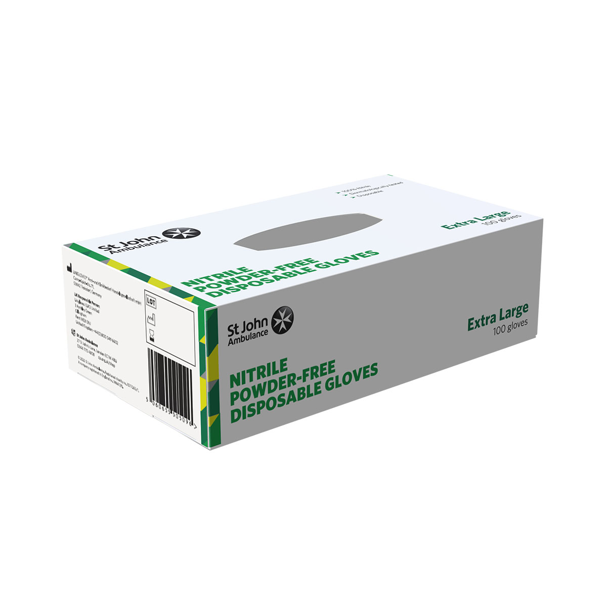The back of the box of the St John Ambulance Nitrile Powder-free Disposable Gloves - Extra Large - Pack of 100.