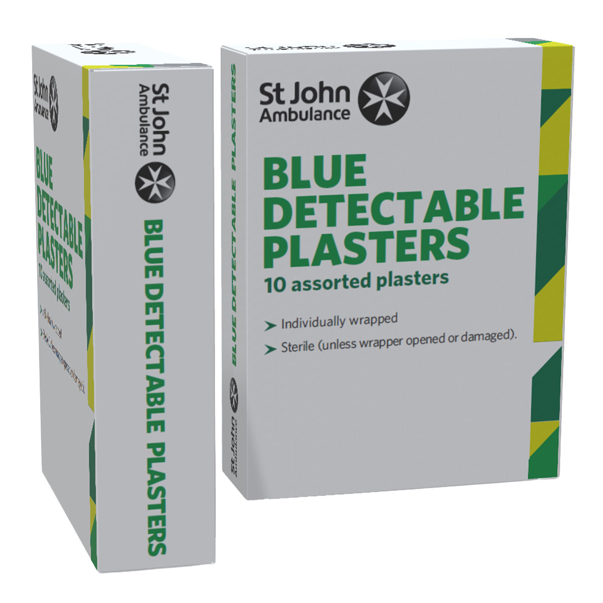 The front and side of the St John Ambulance Blue Detectable Plasters - Pack of 10.