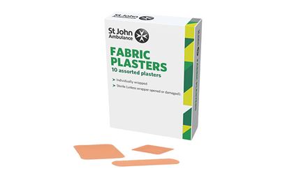 The packaging and contents of the St John Ambulance Fabric Plasters - Pack of 10.