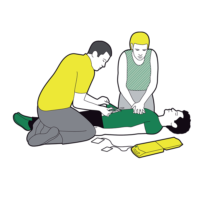 Cardiac arrest first aid - switch on the defibrillator and follow voice prompts