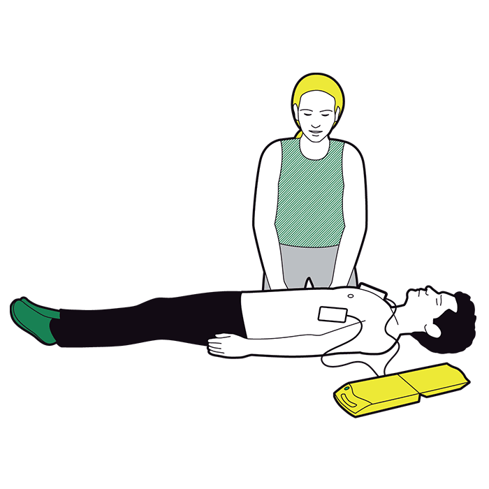 Cardiac arrest first aid - follow the visual and verbal prompts from the defibrillator