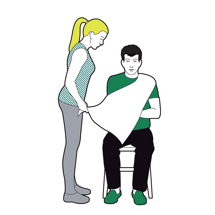 Elevation sling - lay the triangular bandage over the chest, on top of injured arm, with one end over uninjured shoulder