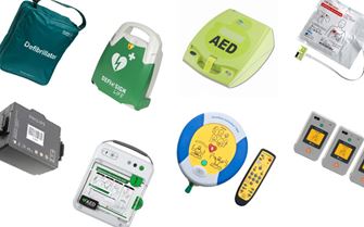 A collage of defibrillators and accessories.