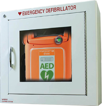 Wall-mounted defibrillator.